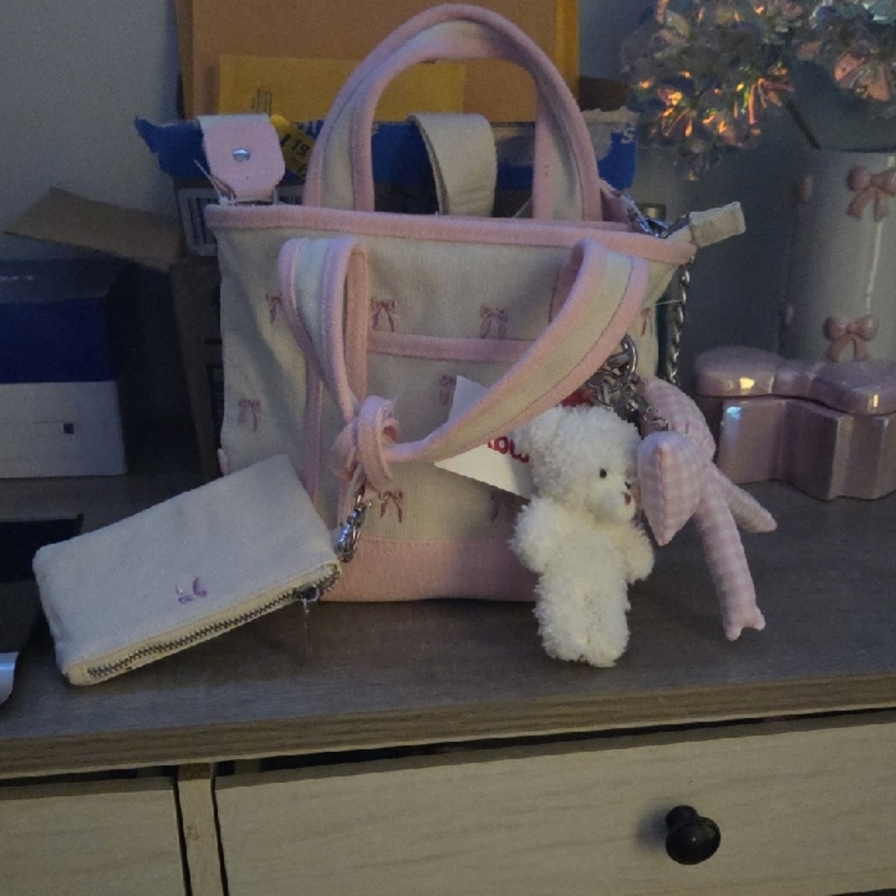 Madden Girl Pink and White Kids Tote with Plush Charms